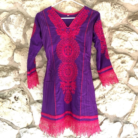 Vintage Mini Dress 60s 70s Boho Fiesta - fits like an XXS - Picture 1 of 10